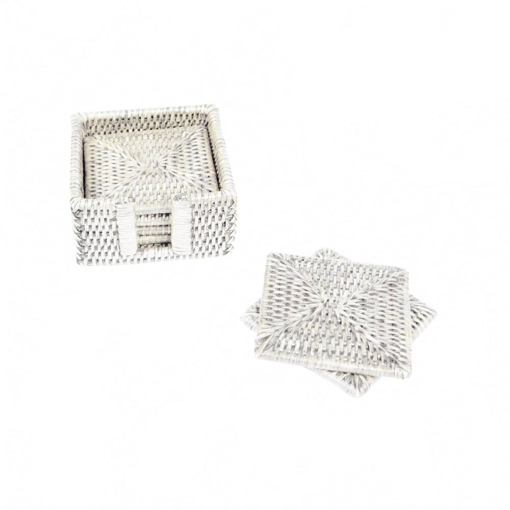 NEW CASPARI rattan square coaster and holder set in cream